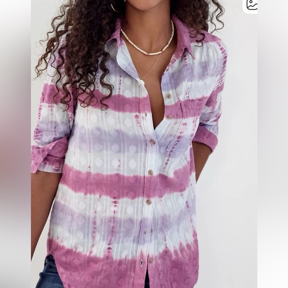 Pilcro Anthropologie Janesse Purple white tie dye button up long sleeve blouse - Picture 1 of 11